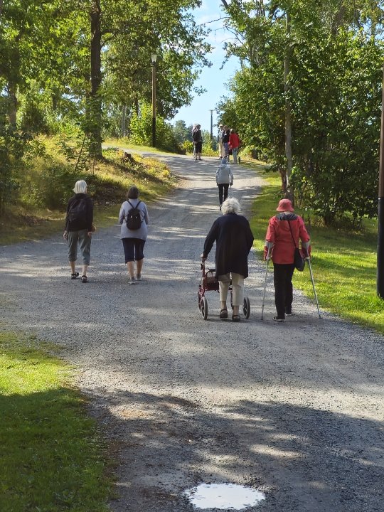 Seniorer går tillsammans på en gångväg ute på landet.